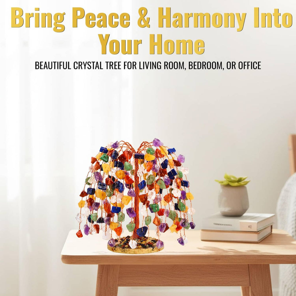 Chakra gemstone tree with copper wire bead strands on stone base
