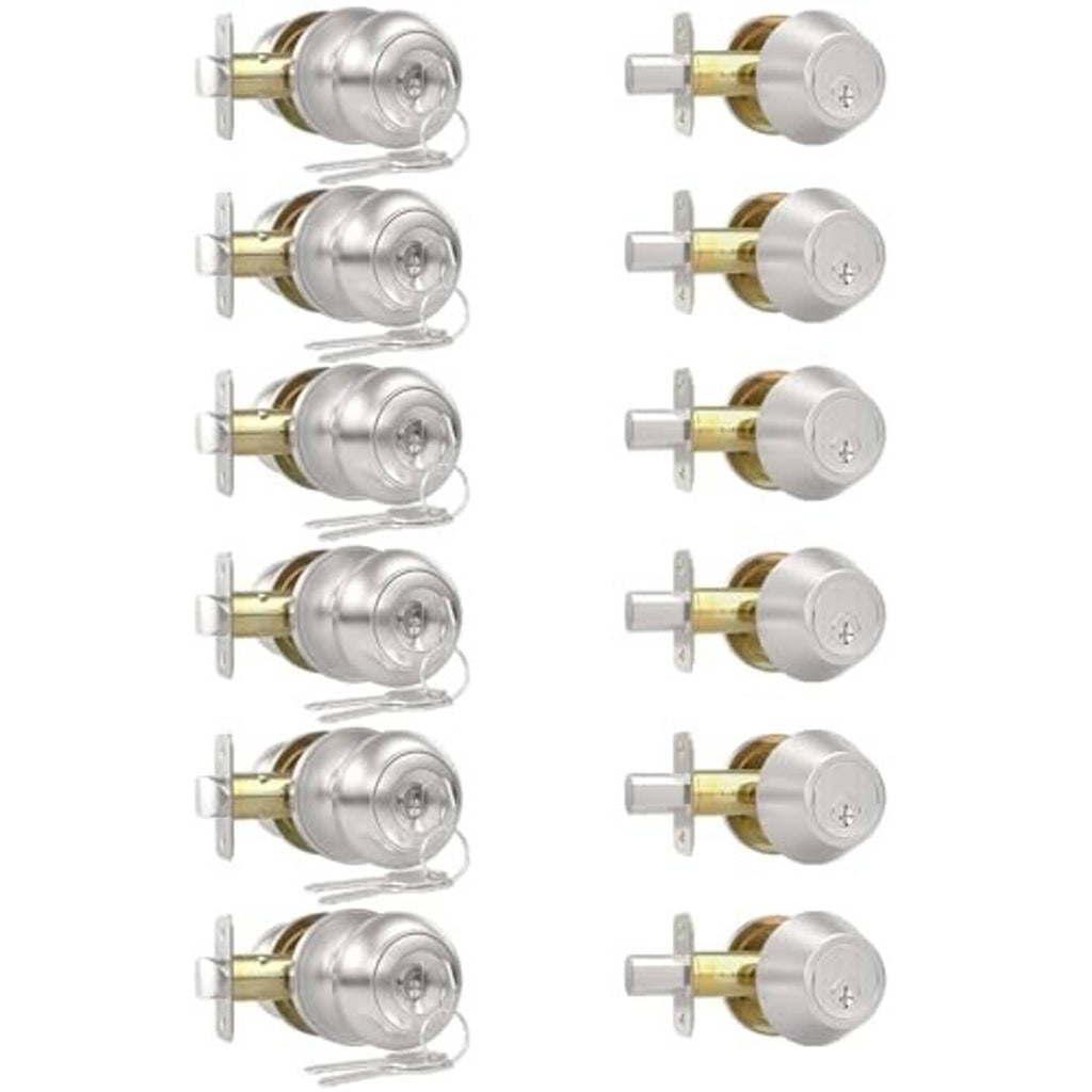 Brushed nickel keyed alike exterior door knob lock set with deadbolt, shown in multiple views.