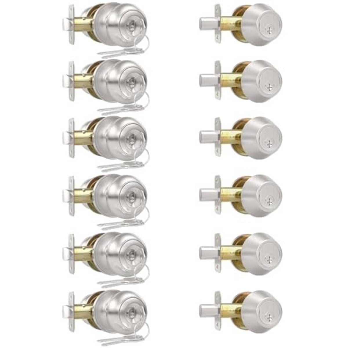 Brushed nickel keyed alike exterior door knob lock set with deadbolt, shown in multiple views.