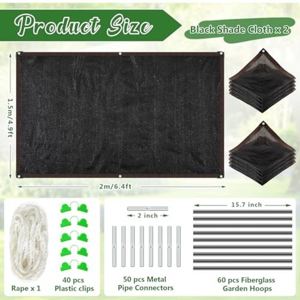 Black shade cloth panel kit with metal pipe hoops and plastic fastener clips