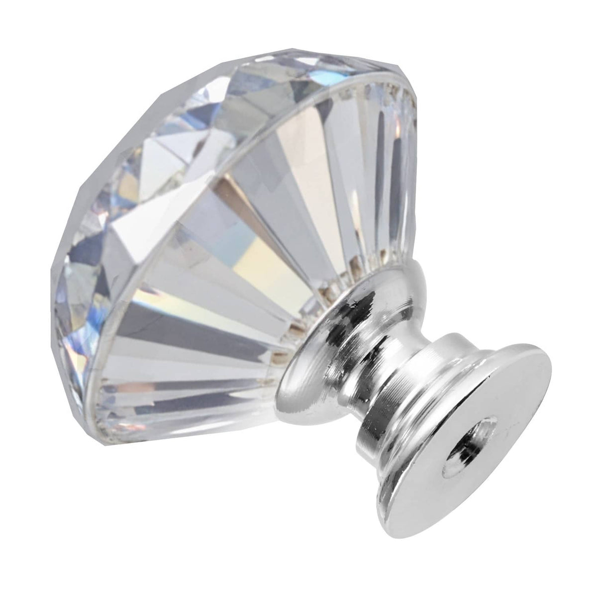 Clear acrylic diamond cabinet knob with chrome back plate and mounting screw.