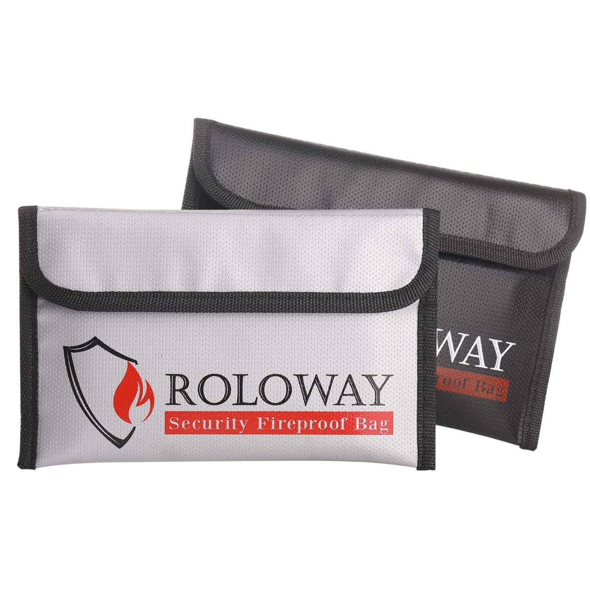 Small fireproof money bag, gray with black trim, Roloway shield logo flap.