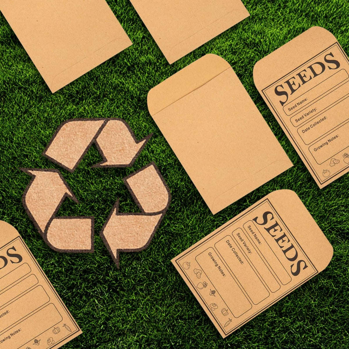 Brown kraft seed envelope set with printed SEEDS cards and envelope pieces.