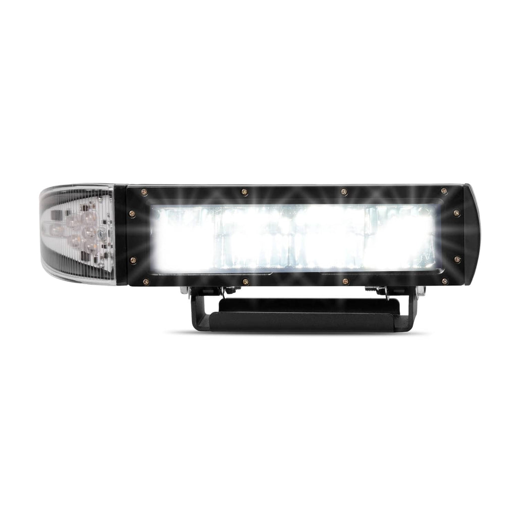 Heated LED plow light bar with clear lens, black housing, and amber corner lens