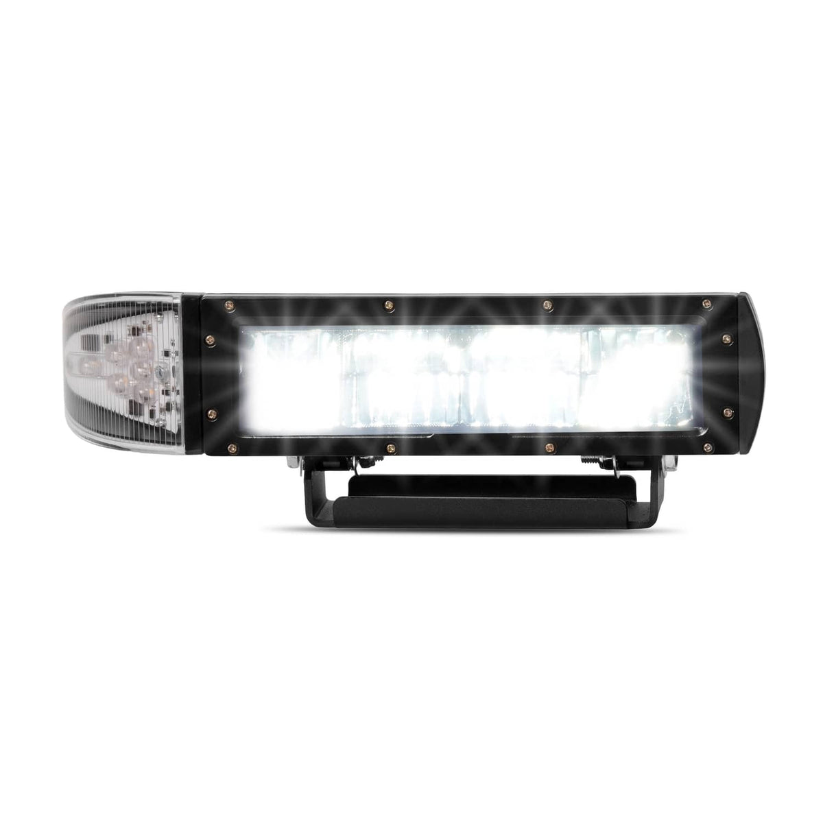 Heated LED plow light bar with clear lens, black housing, and amber corner lens