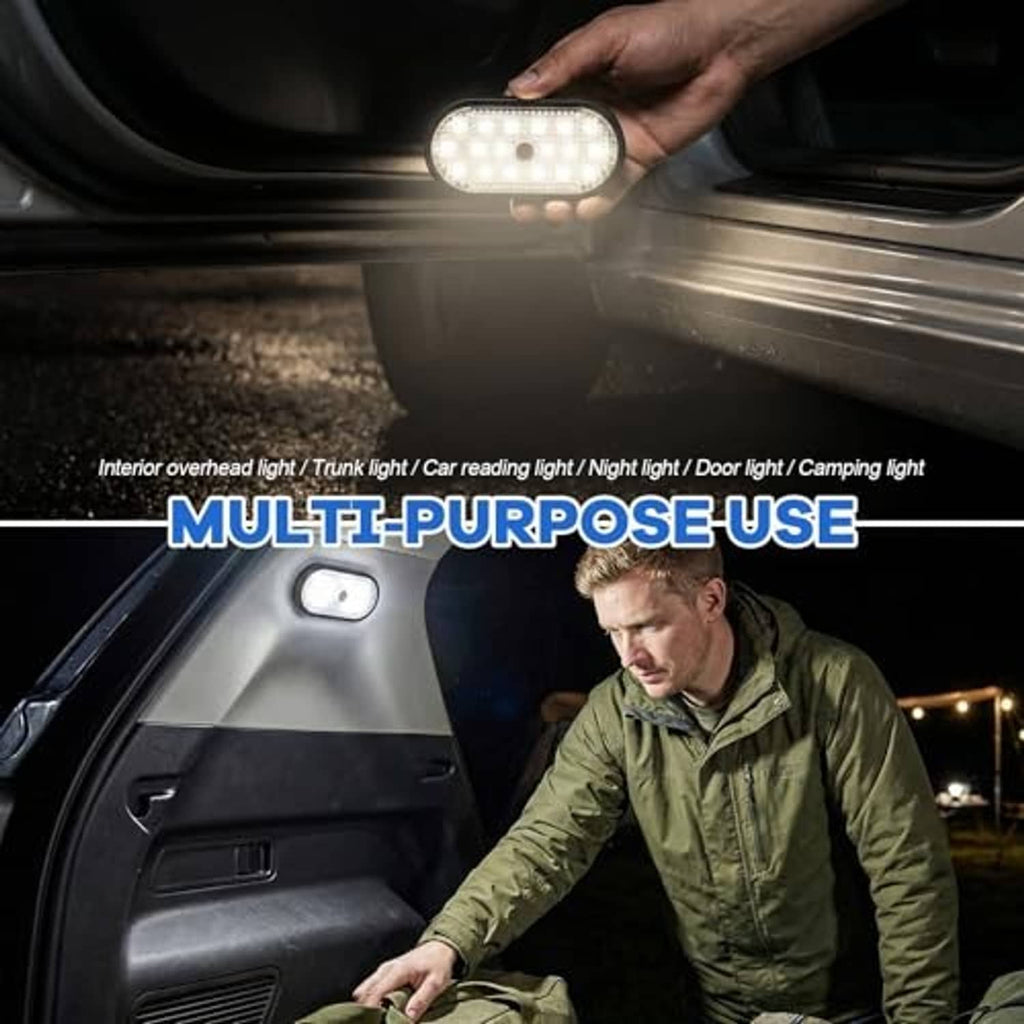 Hand holding an oval LED dome light, bright white LEDs glowing inside a vehicle