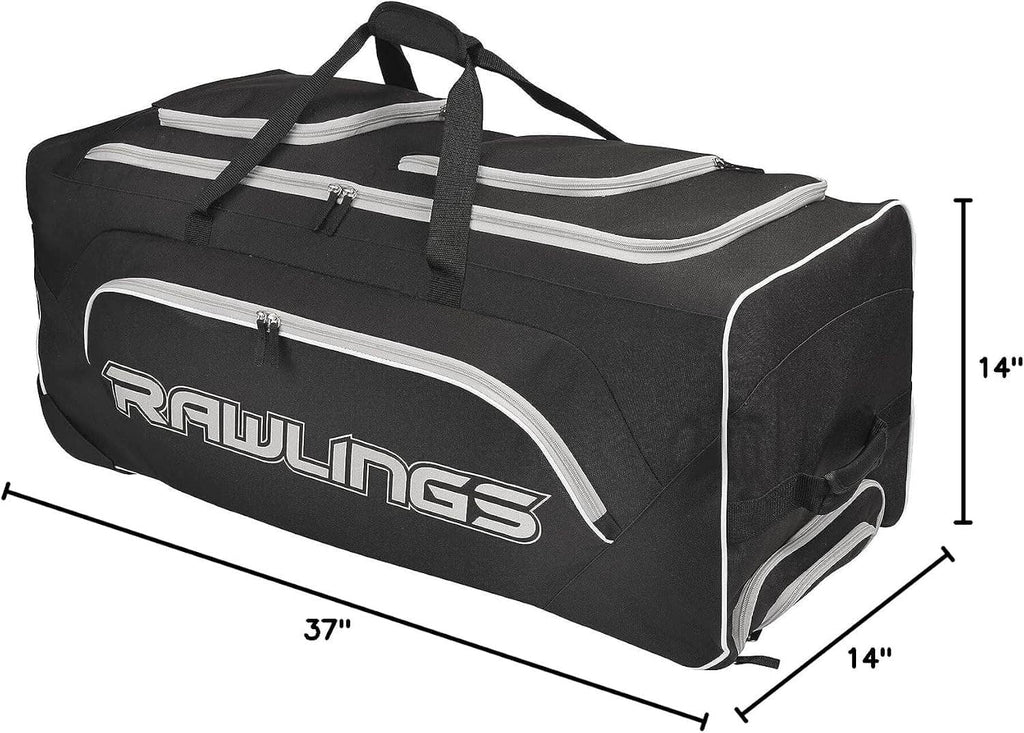 Black Rawlings wheeled catcher’s bag, 37 in length x 14 in height (approx.)