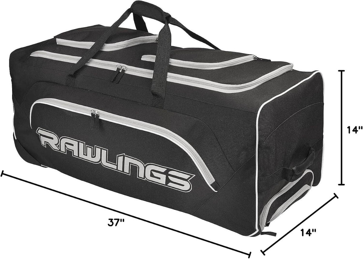 Black Rawlings wheeled catcher’s bag, 37 in length x 14 in height (approx.)