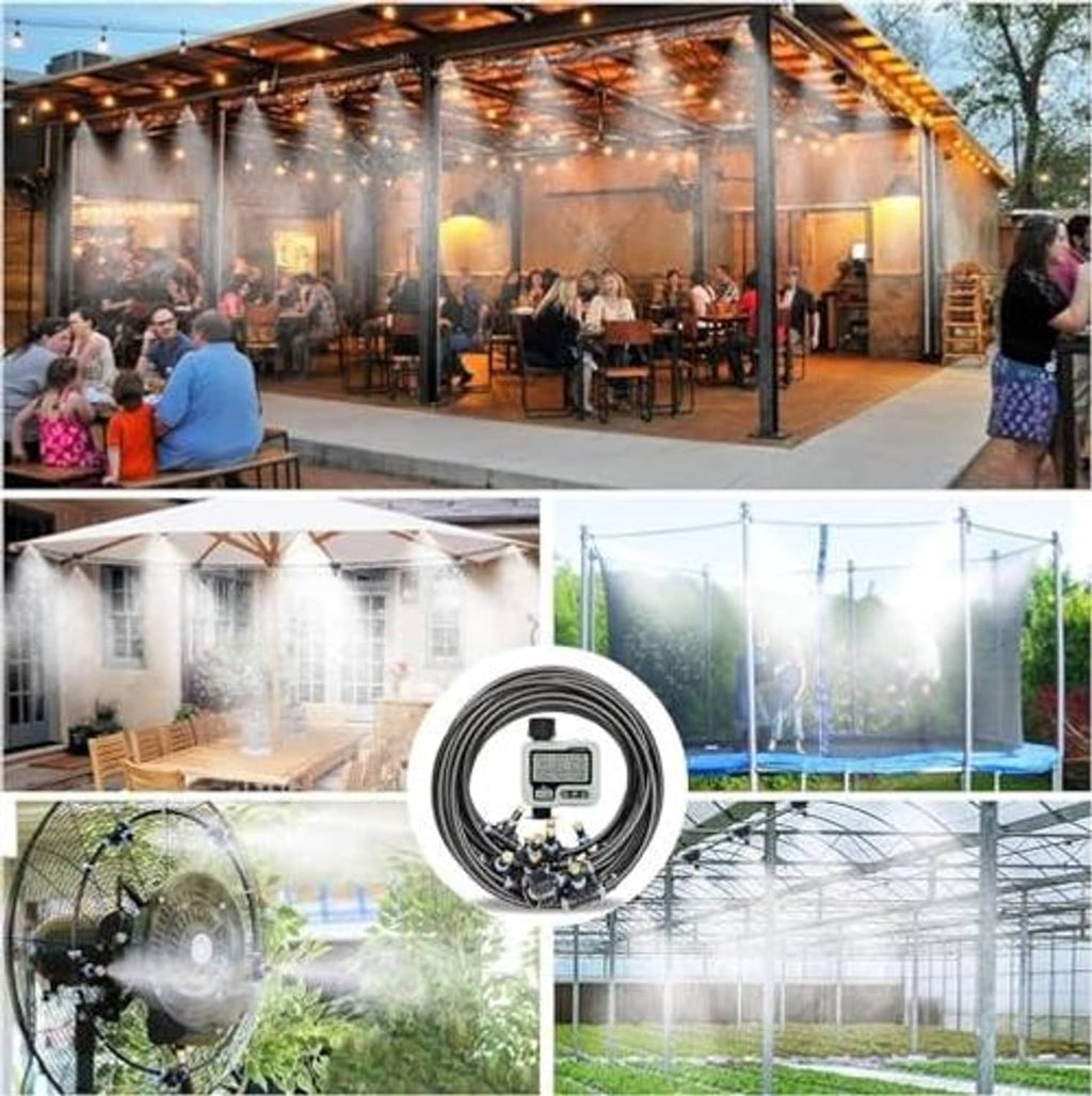 Outdoor misting system with hanging nozzles under a pergola-style dining canopy