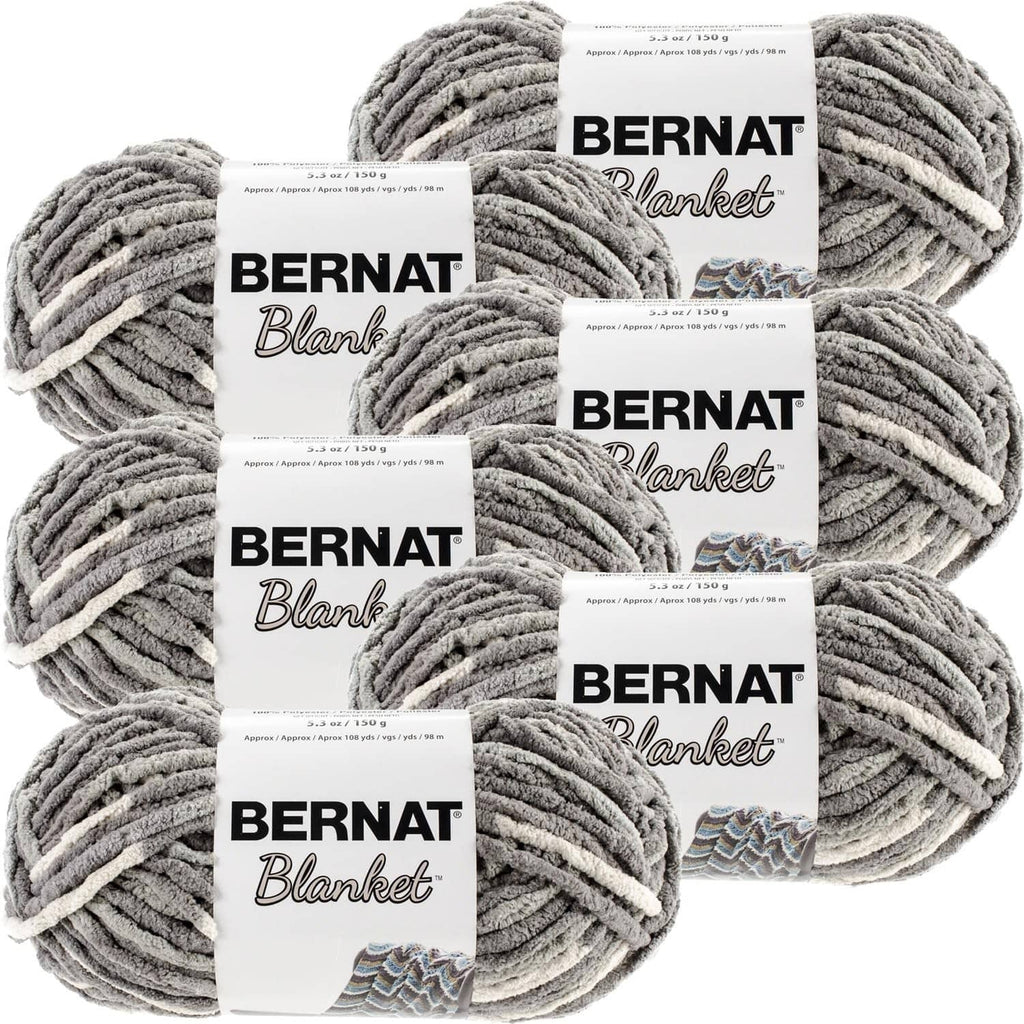 6-pack silver steel textured yarn skeins with Bernat Blanket labels, thick blanket yarn