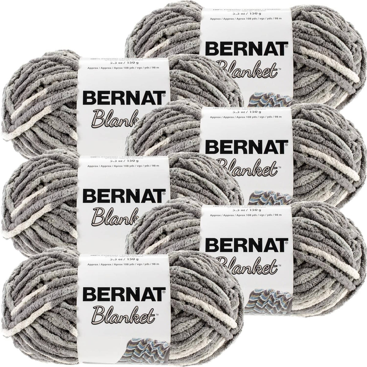 6-pack silver steel textured yarn skeins with Bernat Blanket labels, thick blanket yarn