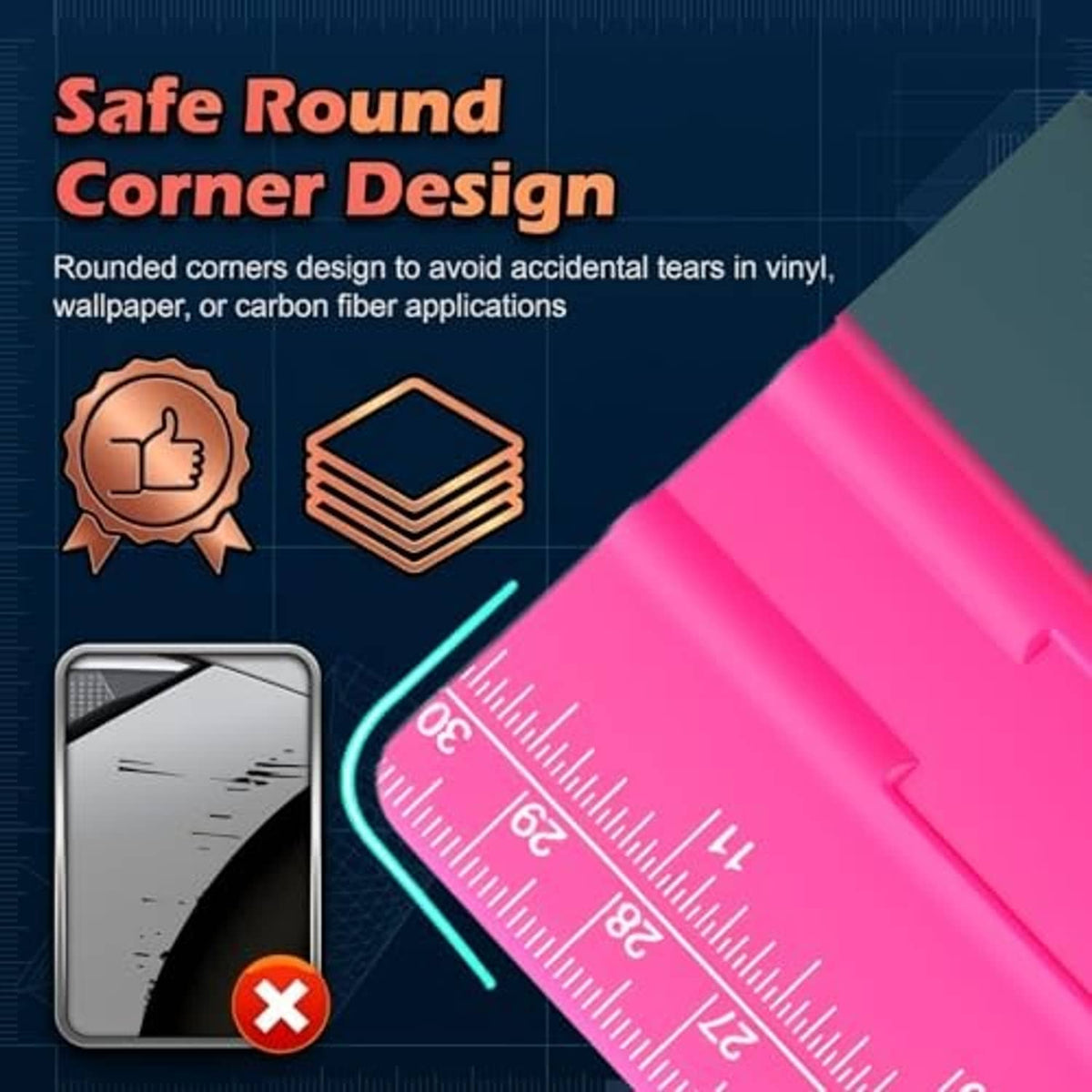 Pink squeegee with rounded corner design and ruler measurement markings