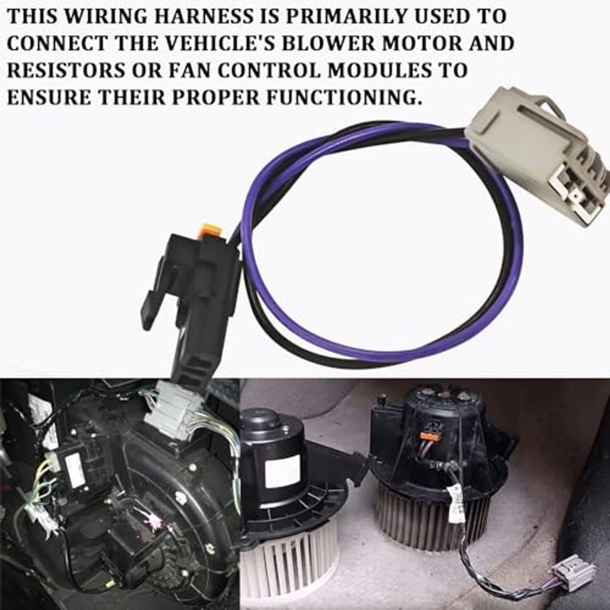 Blower motor wiring harness with purple cable and gray connector plug