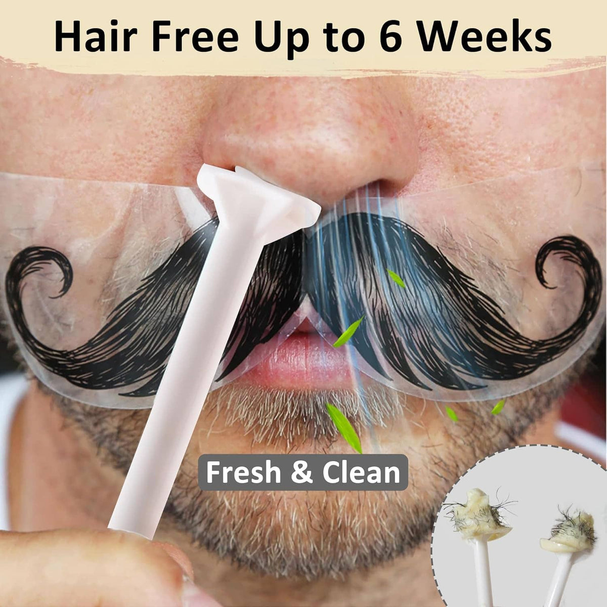 Men's waxing kit with white wax applicator over dark facial hair