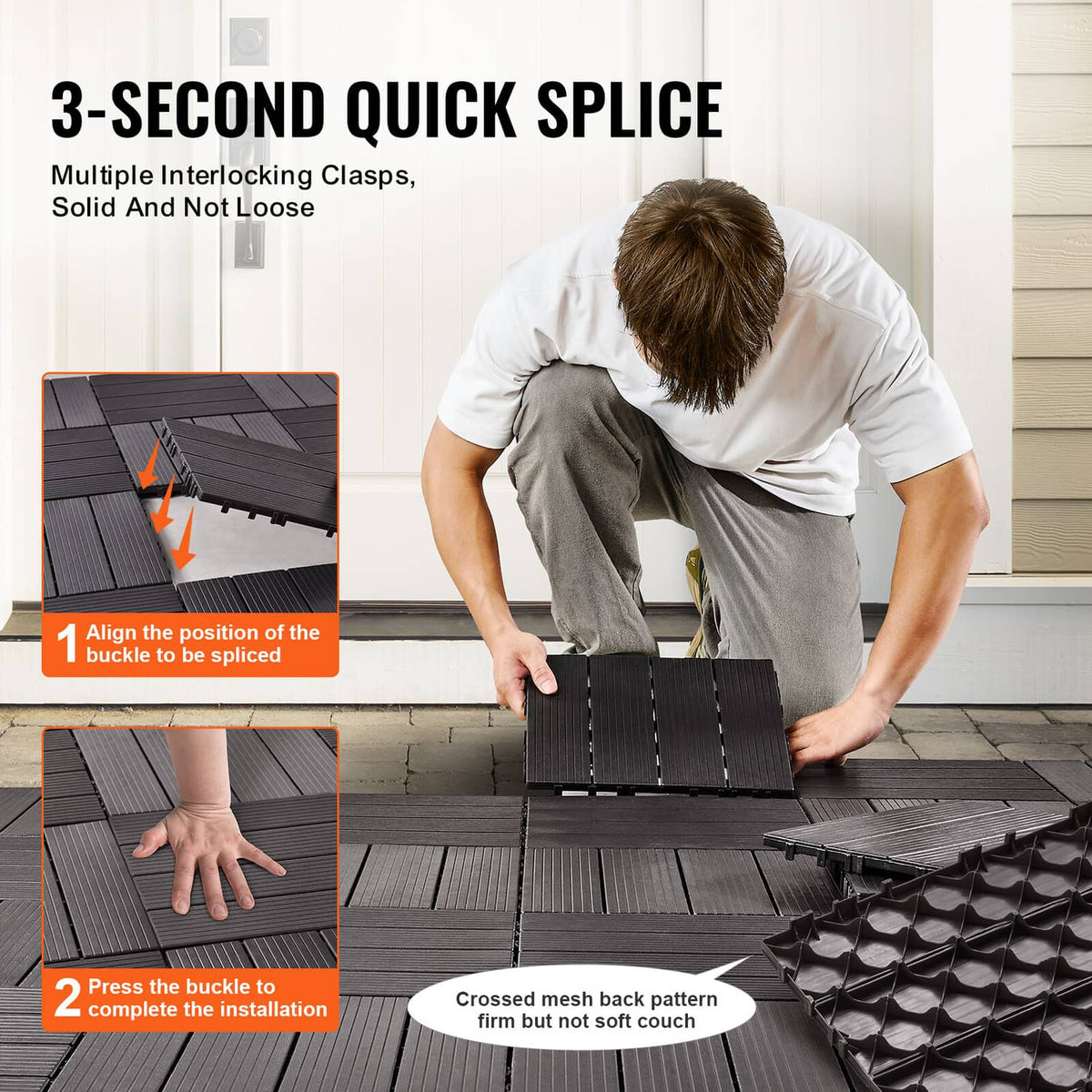 Dark brown interlocking deck tiles showing locking clips for quick installation