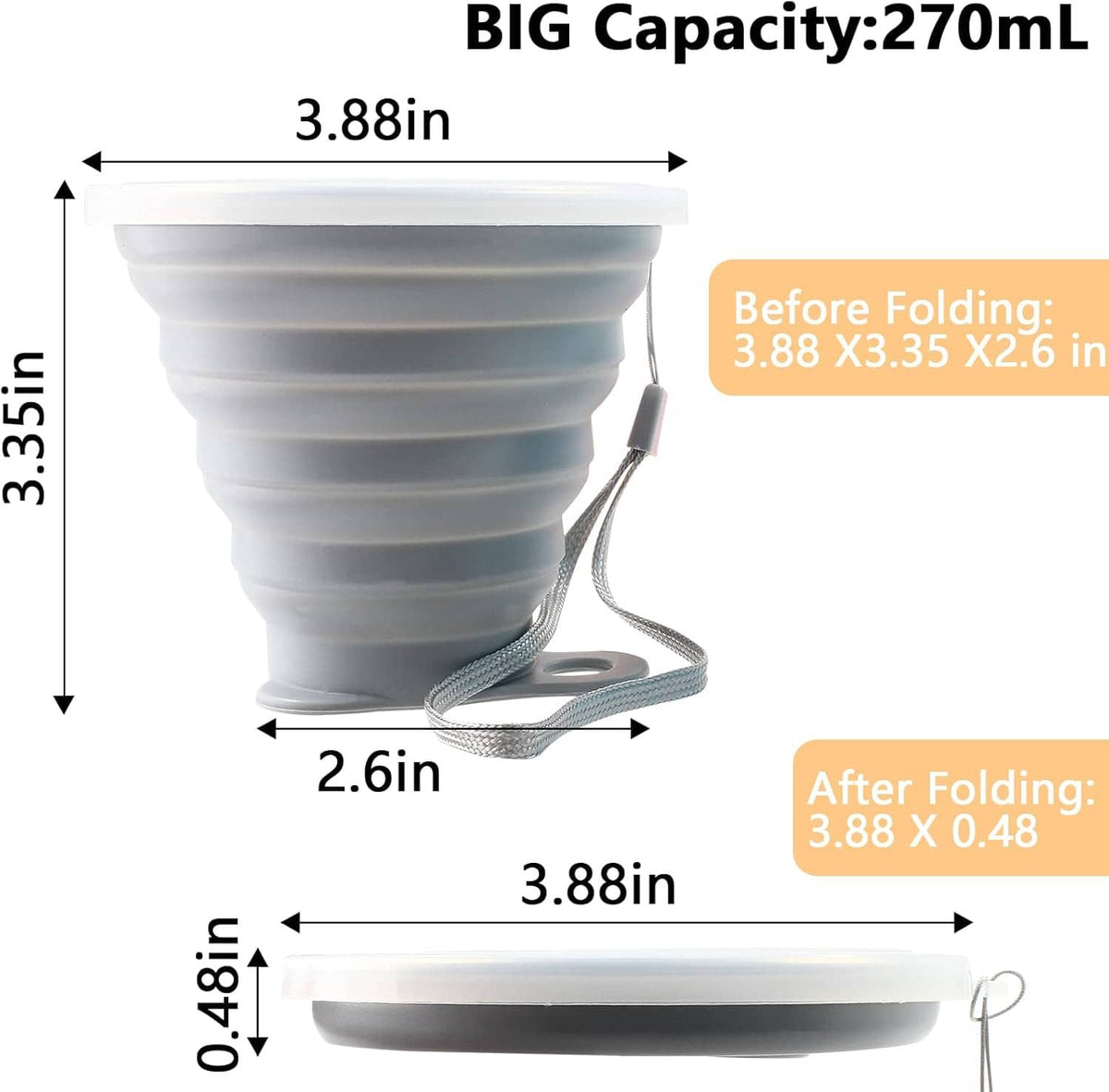 Collapsible travel cup with gray silicone body, shown folded size dimensions
