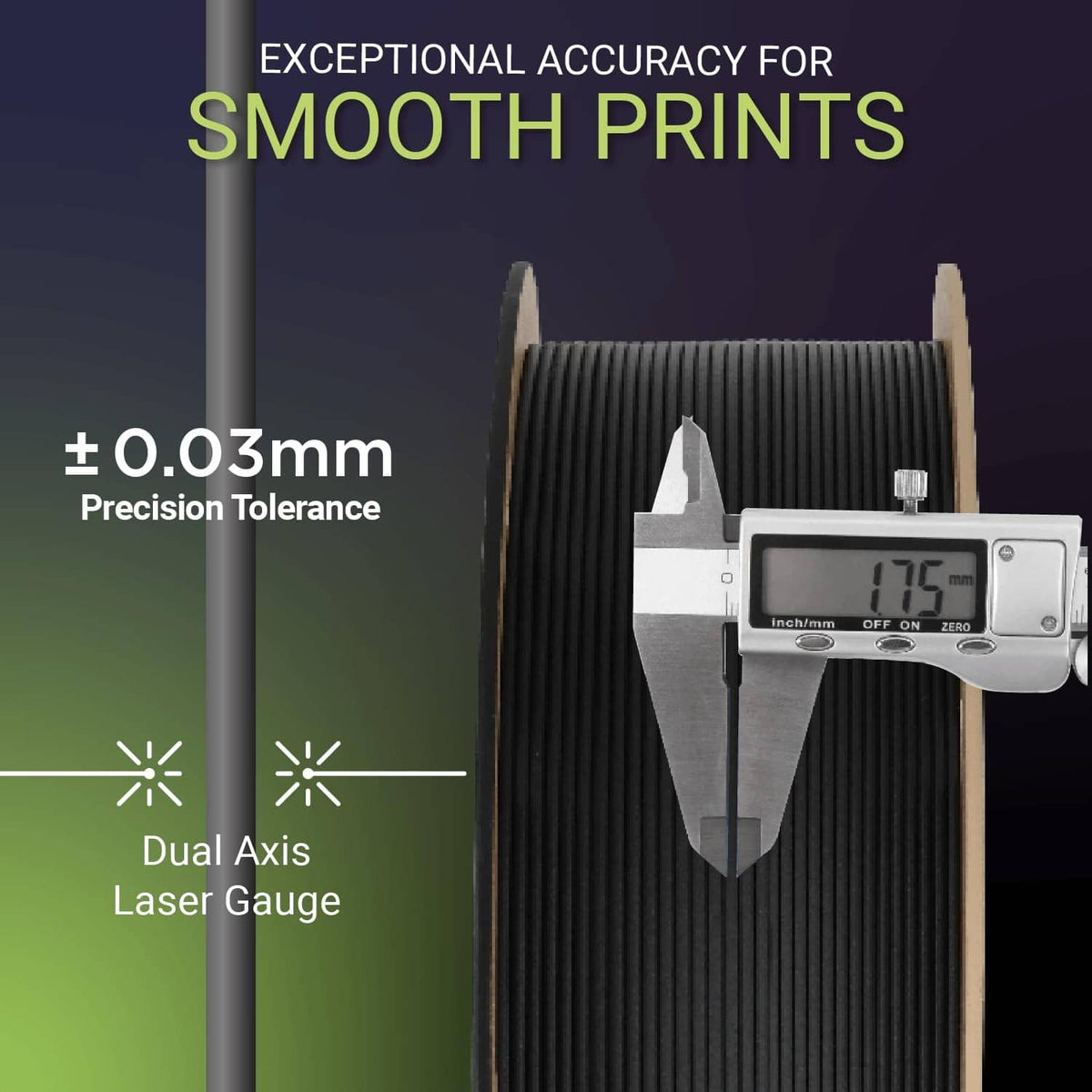 Black 3D printing filament spool with caliper gauge for precision tolerance