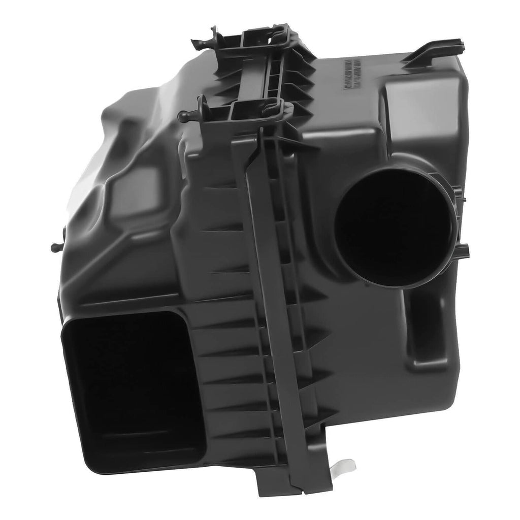 Air cleaner intake housing box, black plastic, side view with internal airflow passages