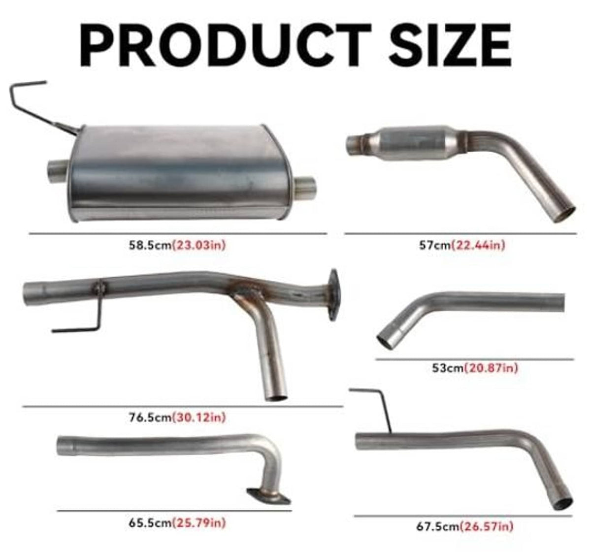 Exhaust kit size diagram showing silver muffler and tailpipe sections with angles