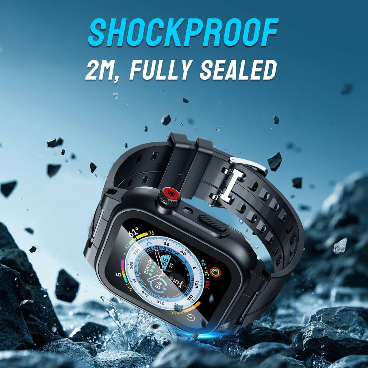 Shockproof black fully sealed watch case with protective bezel and ventilated band