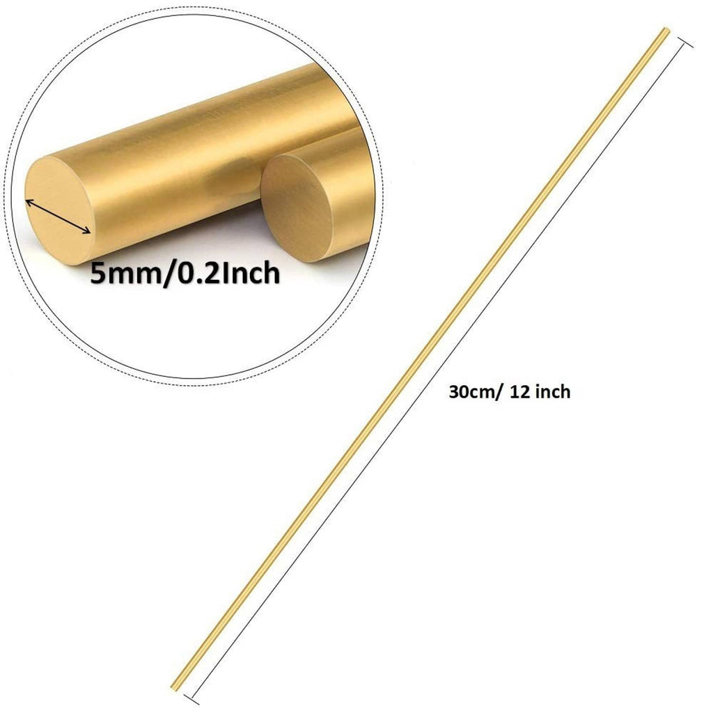 Brass round rods, 5mm diameter and 30cm (12 in) length, straight with smooth ends.