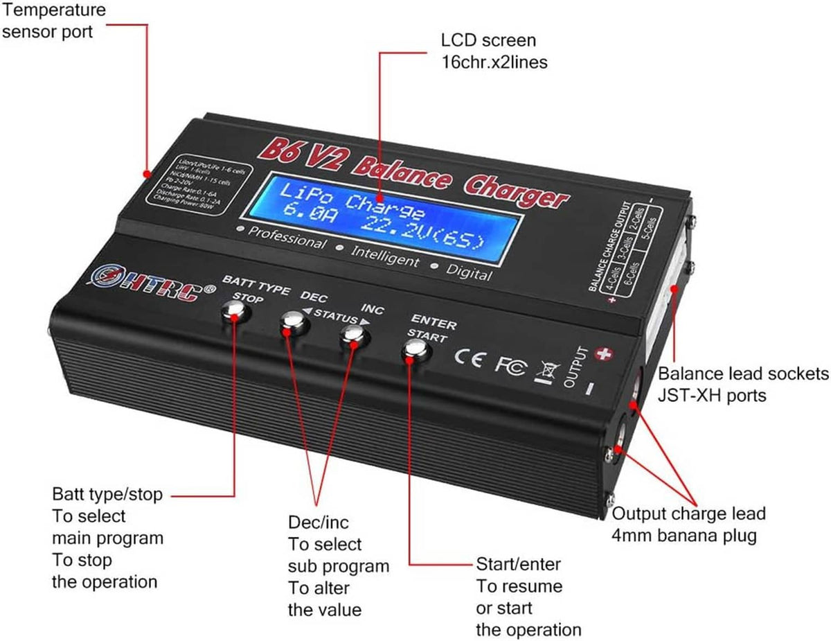 RC balance charger with LCD screen, control buttons, and labeled balance lead sockets