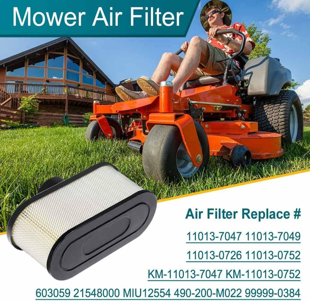 Compact mower air filter cartridge with black foam pre-cleaner and white pleated paper element