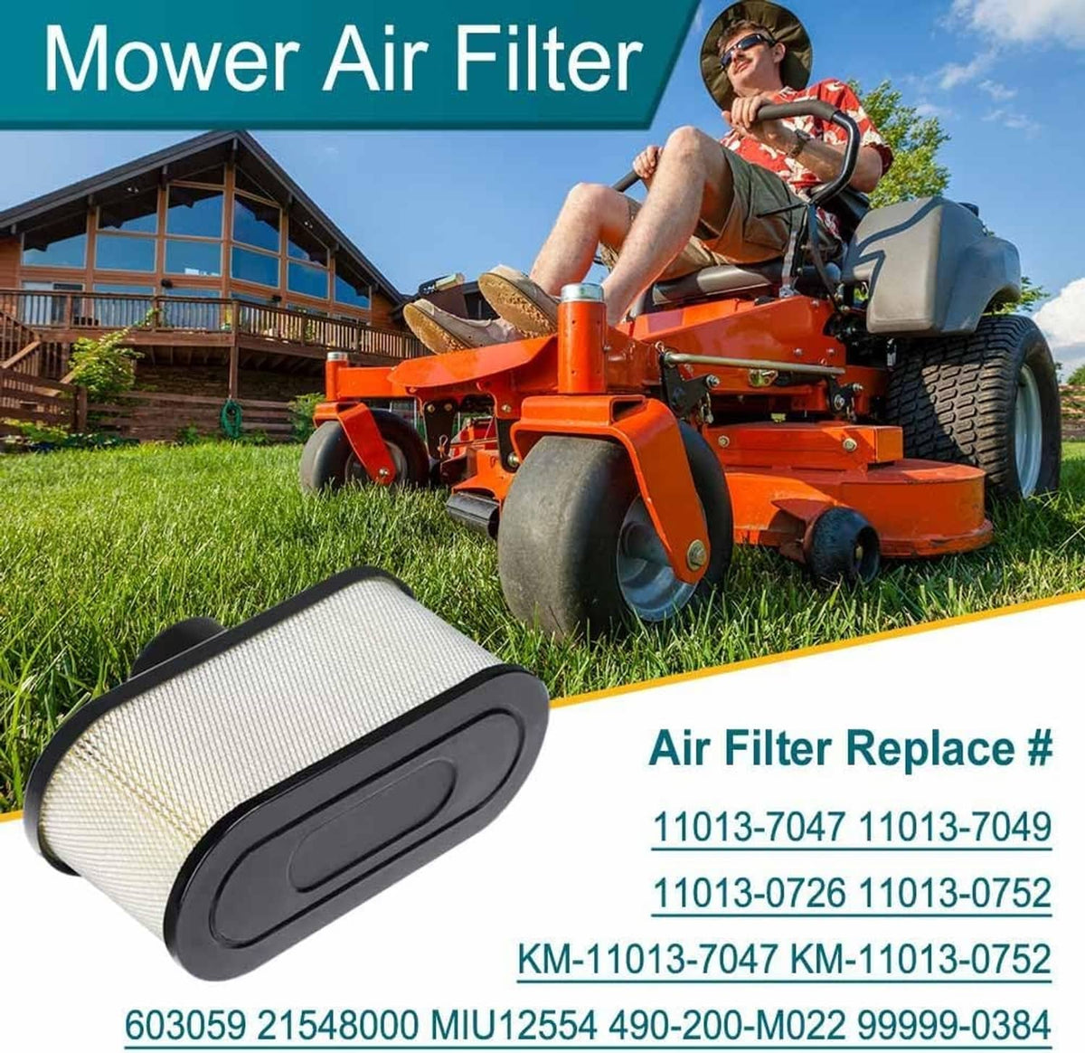 Compact mower air filter cartridge with black foam pre-cleaner and white pleated paper element