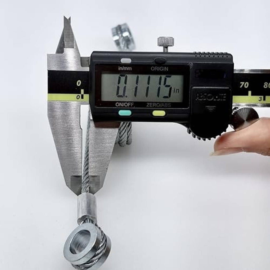 Braided steel cable with two ring eyelets; digital caliper measuring end connector