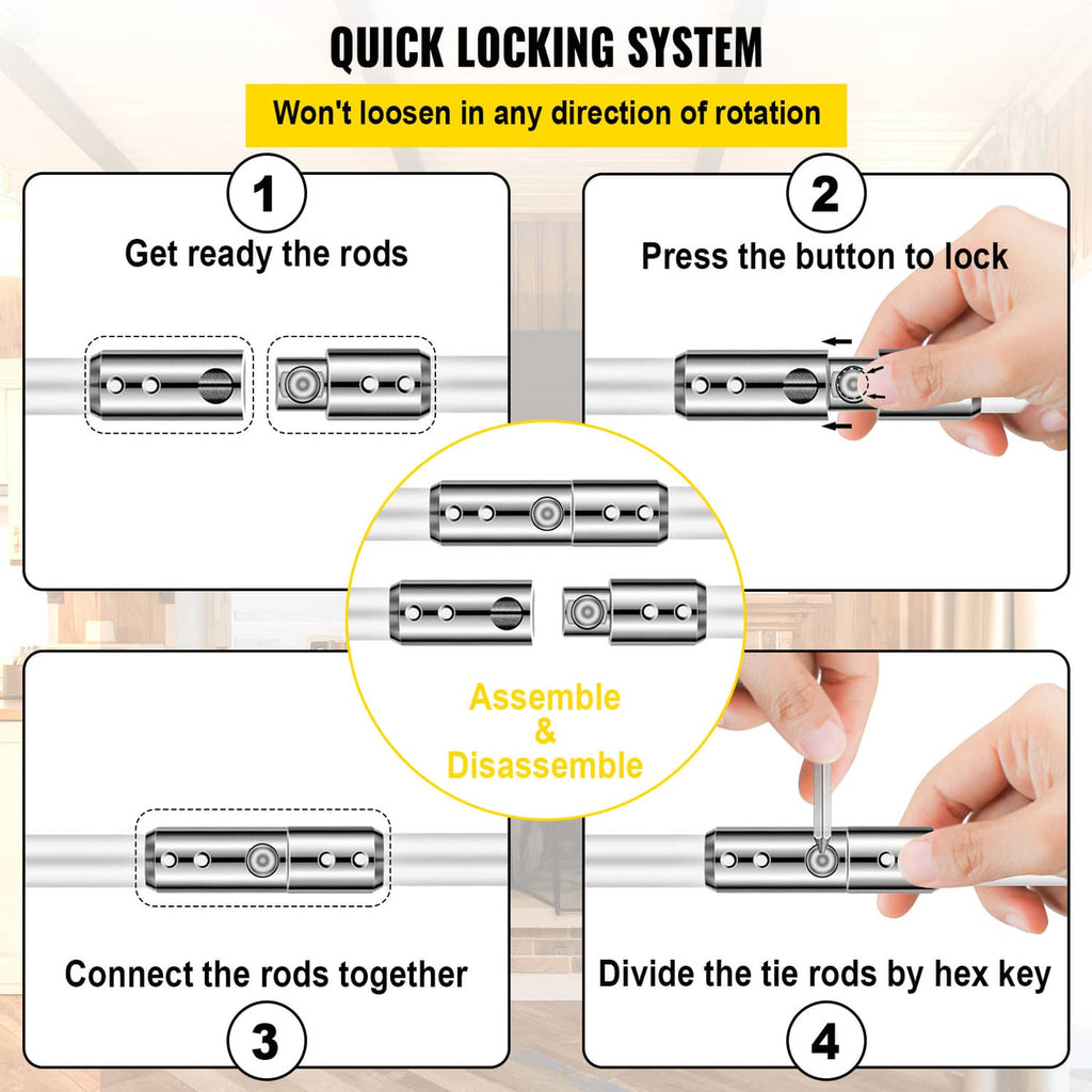 Quick locking system for connecting chimney cleaning rods with push-to-lock button