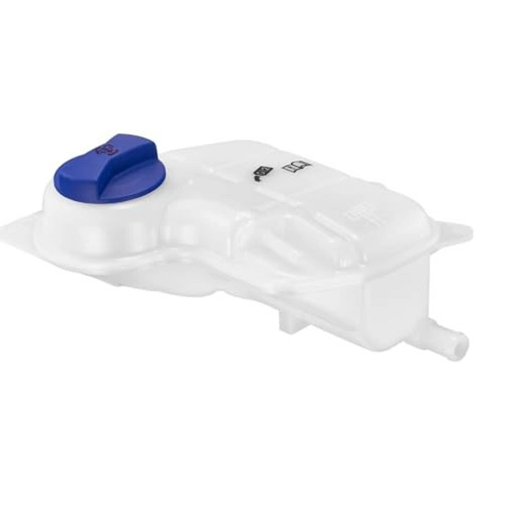 White coolant expansion overflow tank with blue cap and side outlet fitting