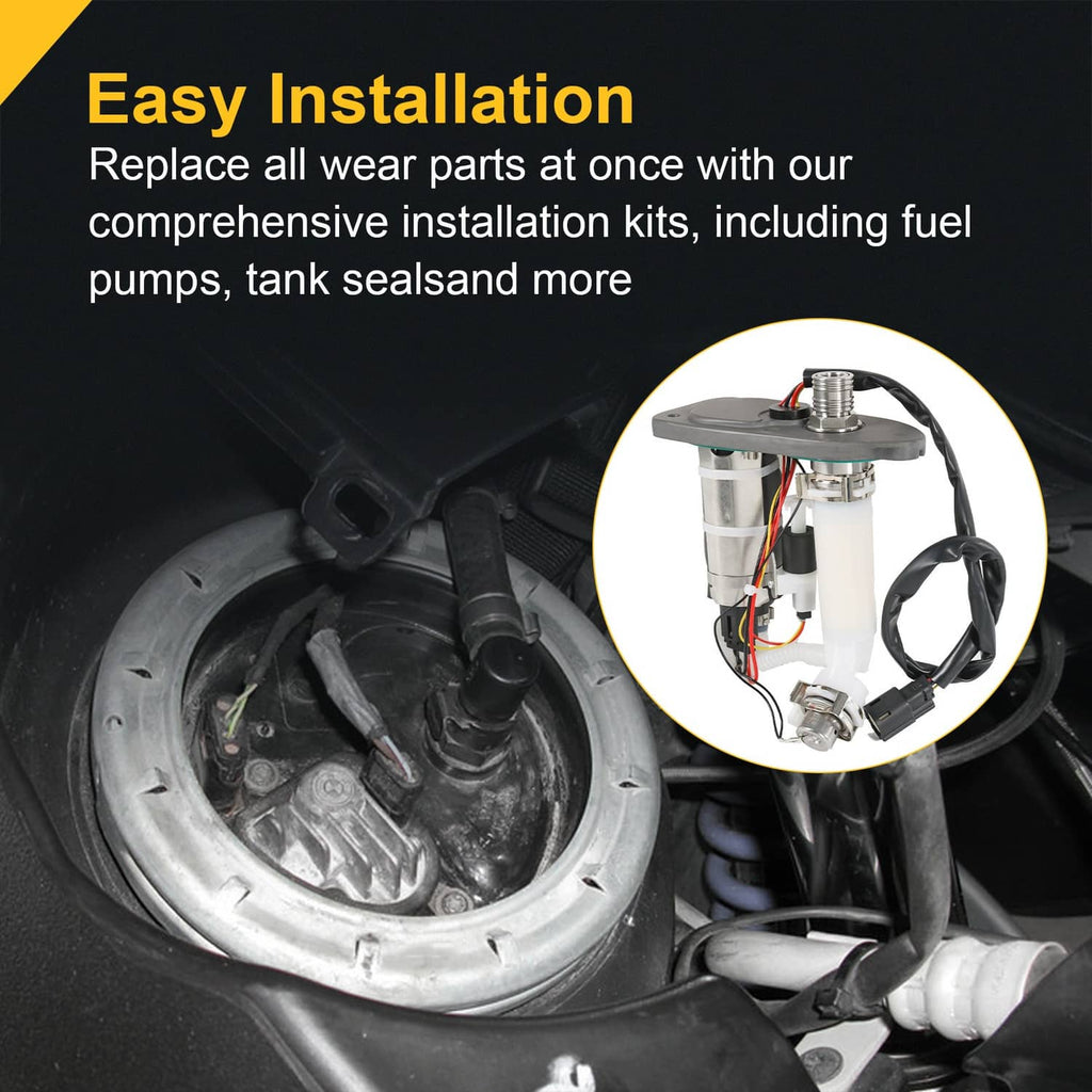 In-tank fuel pump module installed in tank opening with wiring harness and metal outlet