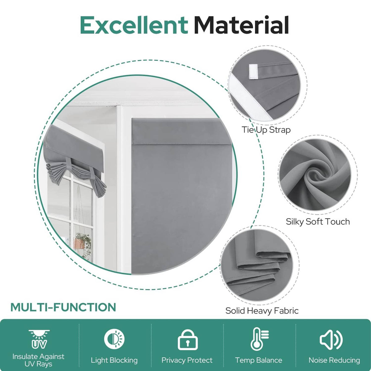Light grey blackout door curtain panel with tie-up strap and solid heavy fabric close-up