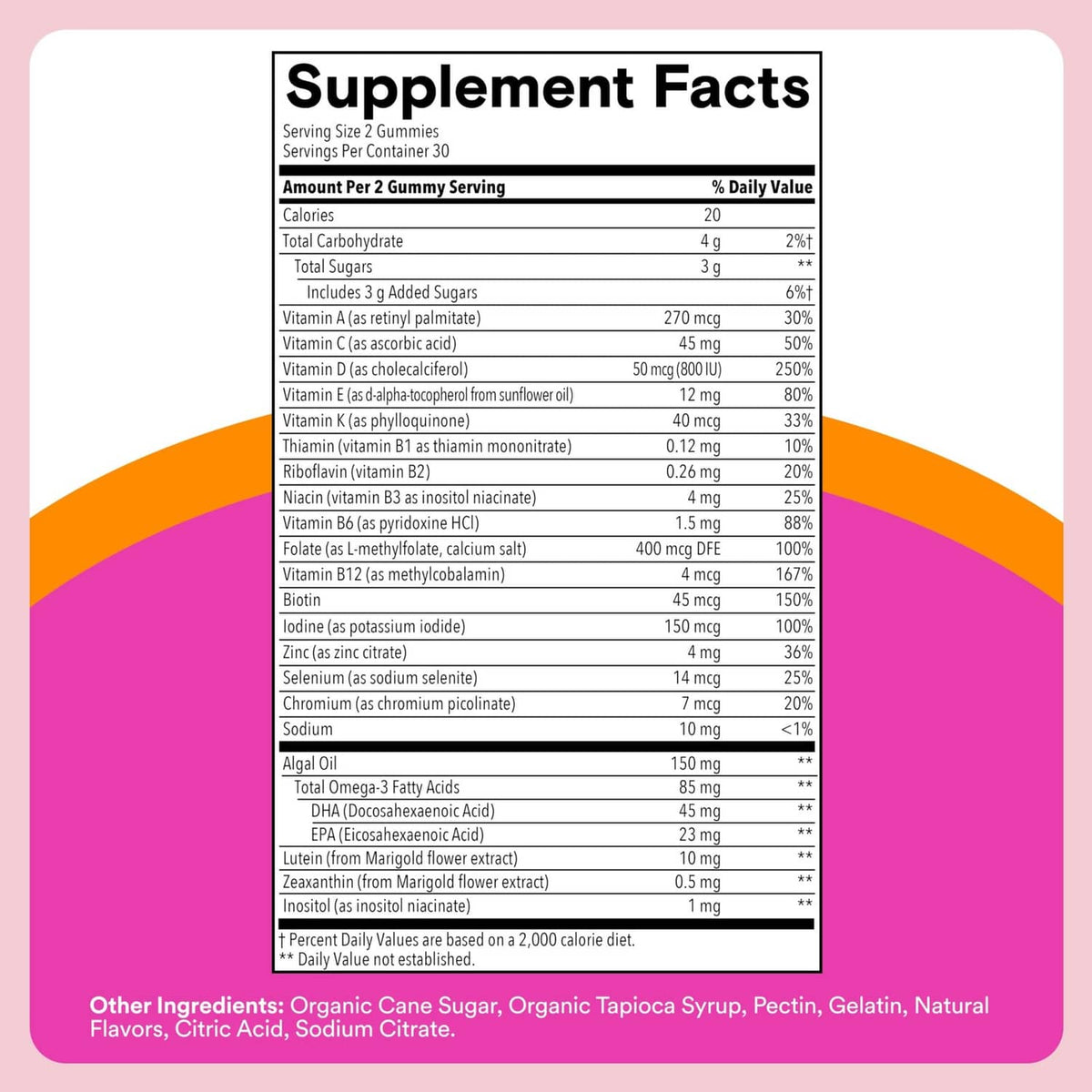 Supplement facts label panel for gummy vitamins on a bottle, showing ingredient amounts