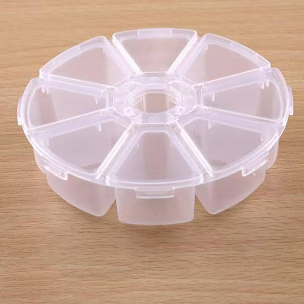 Close-up of clear round jewelry bead storage box with 8 segmented compartments