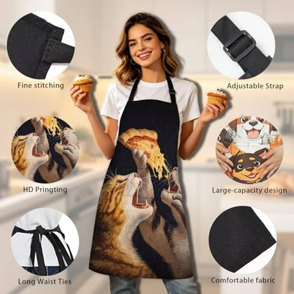 Black kitchen apron with cat-and-dog print, adjustable neck strap and waist ties