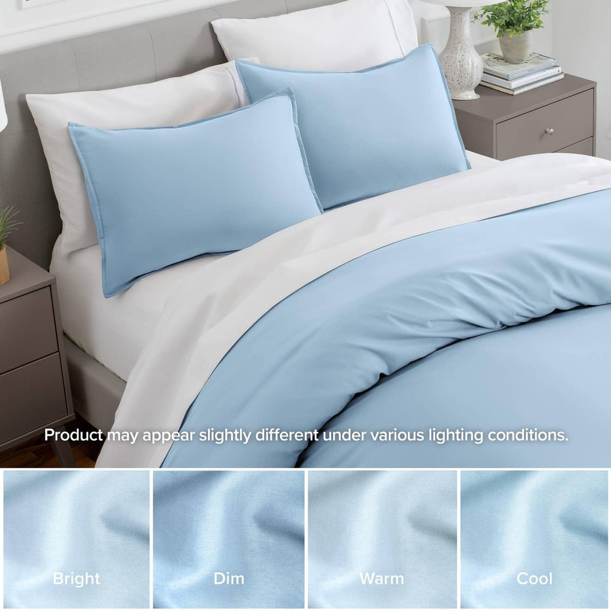 Light blue microfiber pillow shams on bed with matching pillows, set of 2.