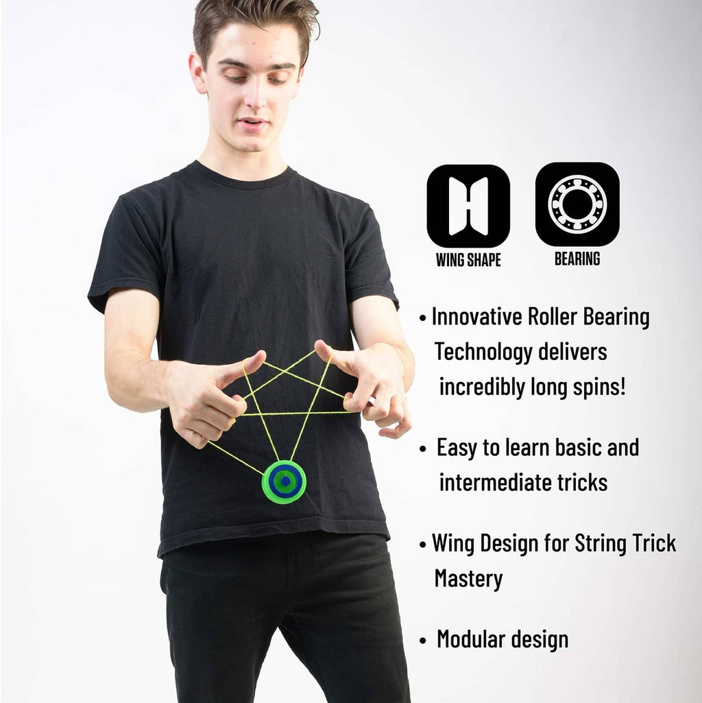 Responsive yo-yo mid-trick with green string loop and visible central bearing