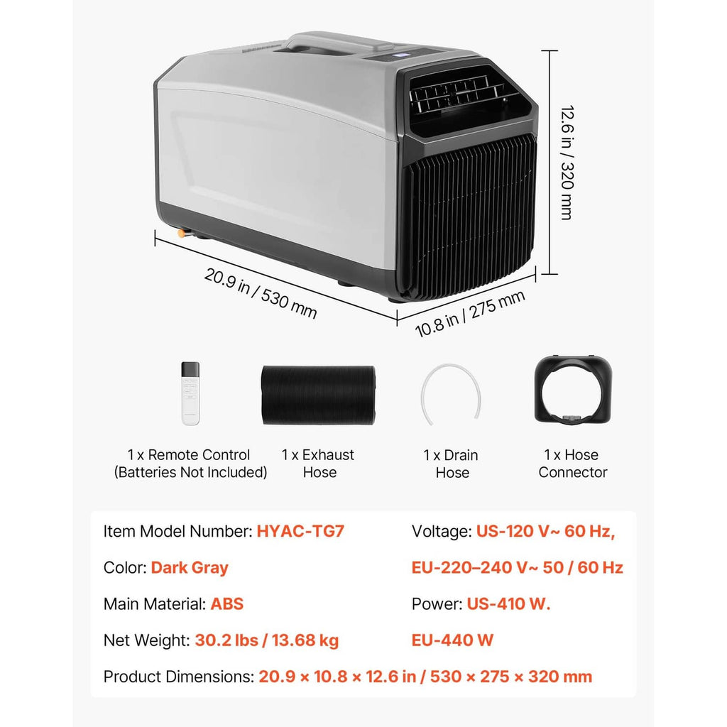 Portable tent air conditioner unit with accessories: remote, exhaust hose, drain hose, connector