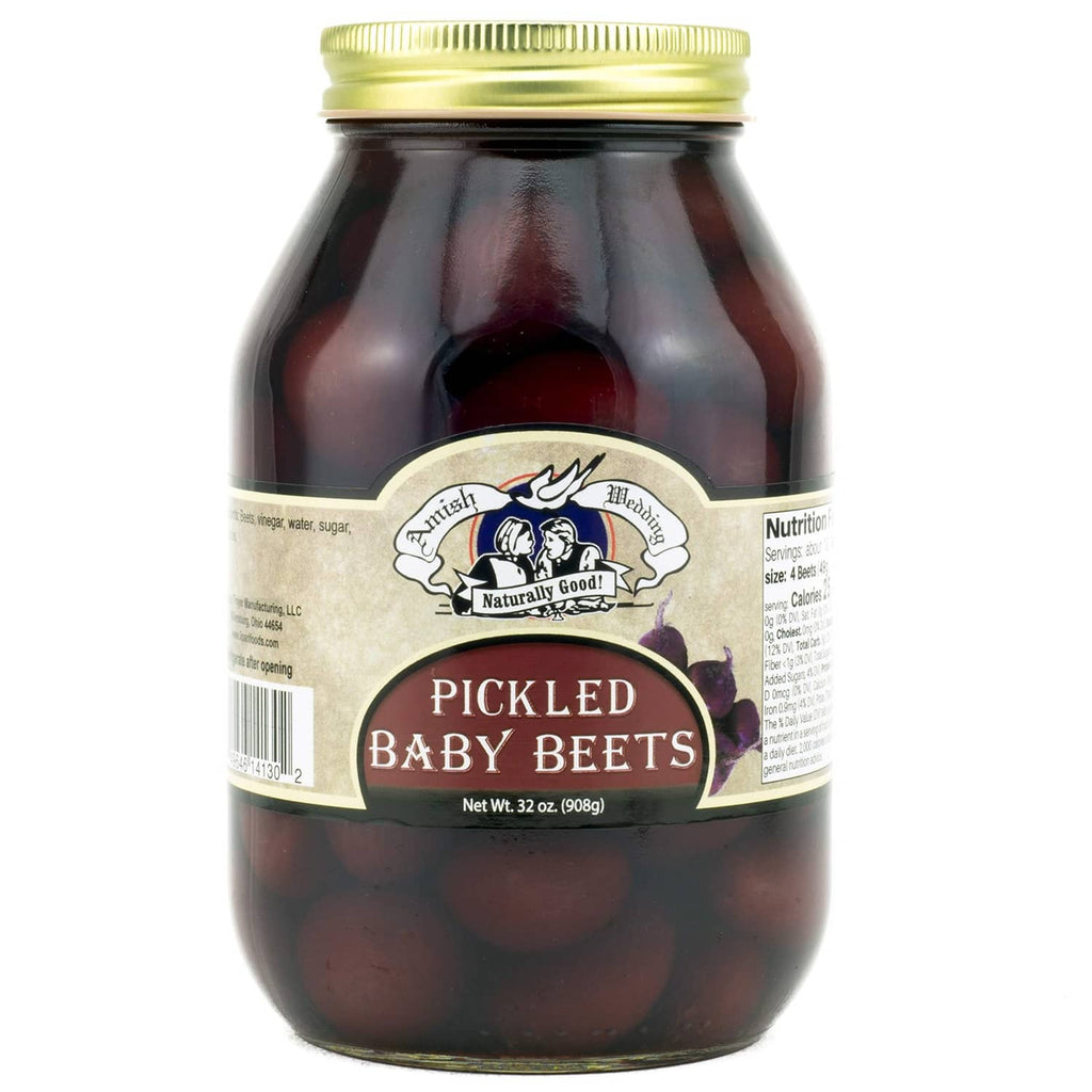 Jar of pickled baby beets with front label, dark red beets in glass jar
