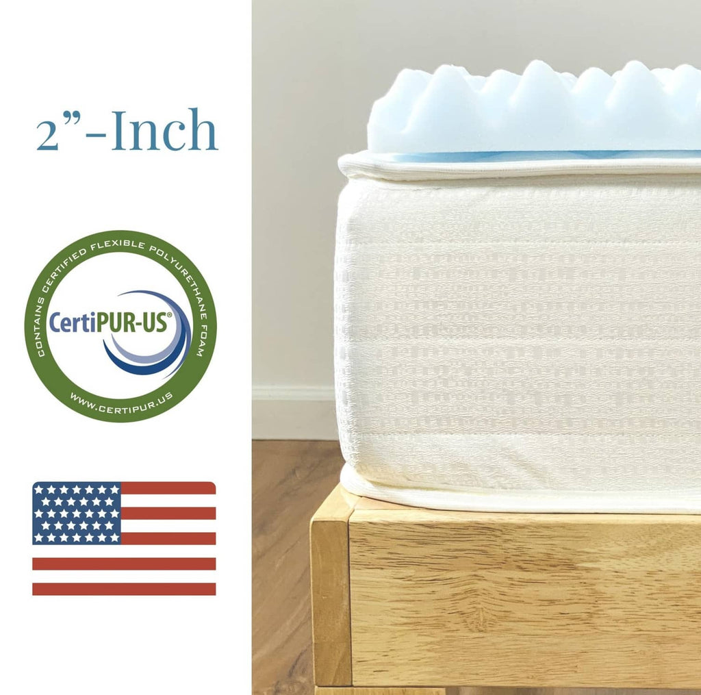 Egg-crate foam mattress topper with white cover and 2-inch profile