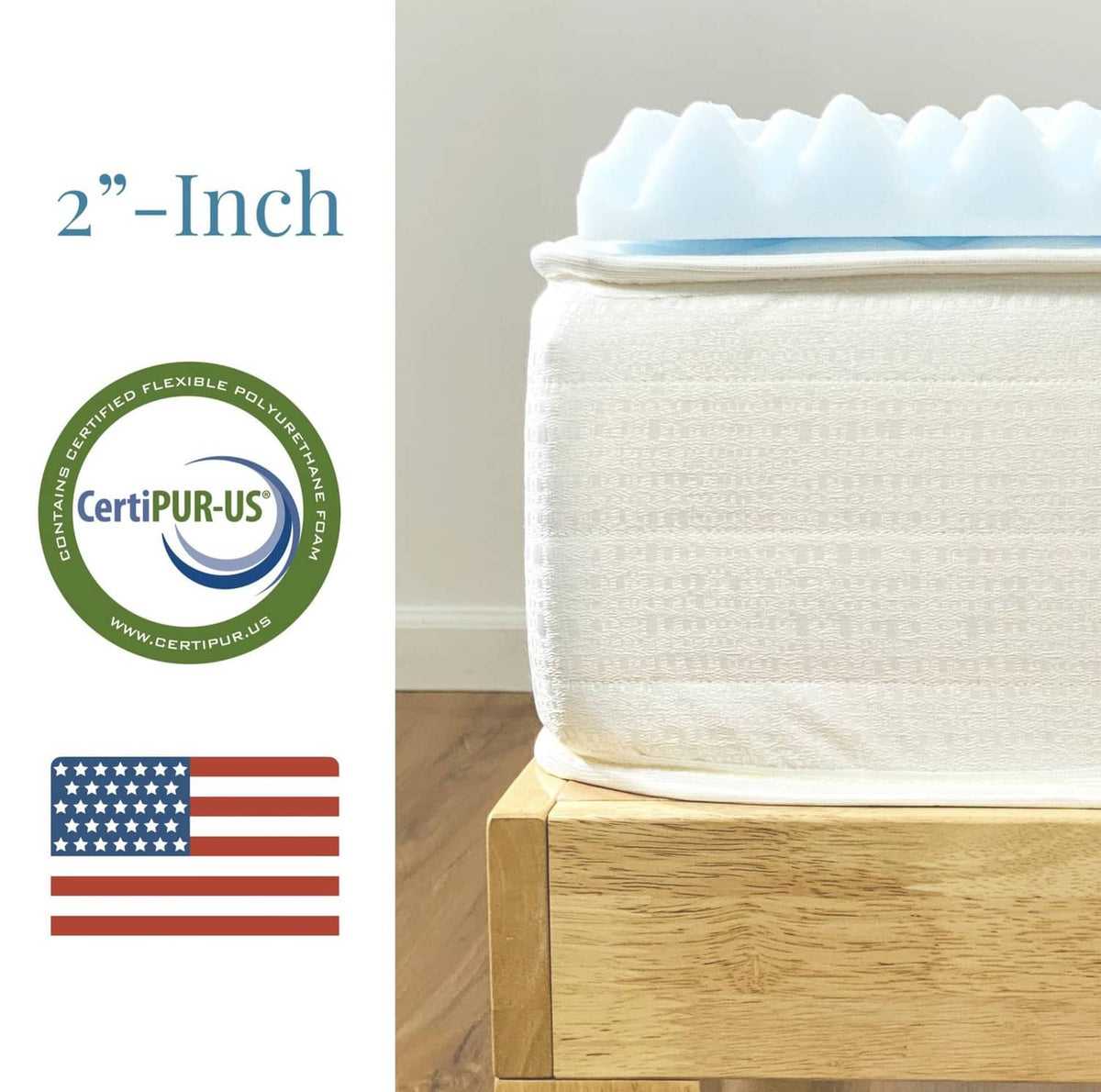 Egg-crate foam mattress topper with white cover and 2-inch profile