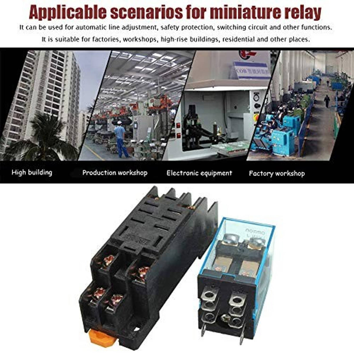 Mini power relay terminal block with black housing, plus clear-box relay with pins