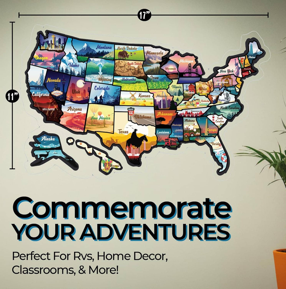 USA state travel map sticker decal, 17 x 11 inch, colorful state panels