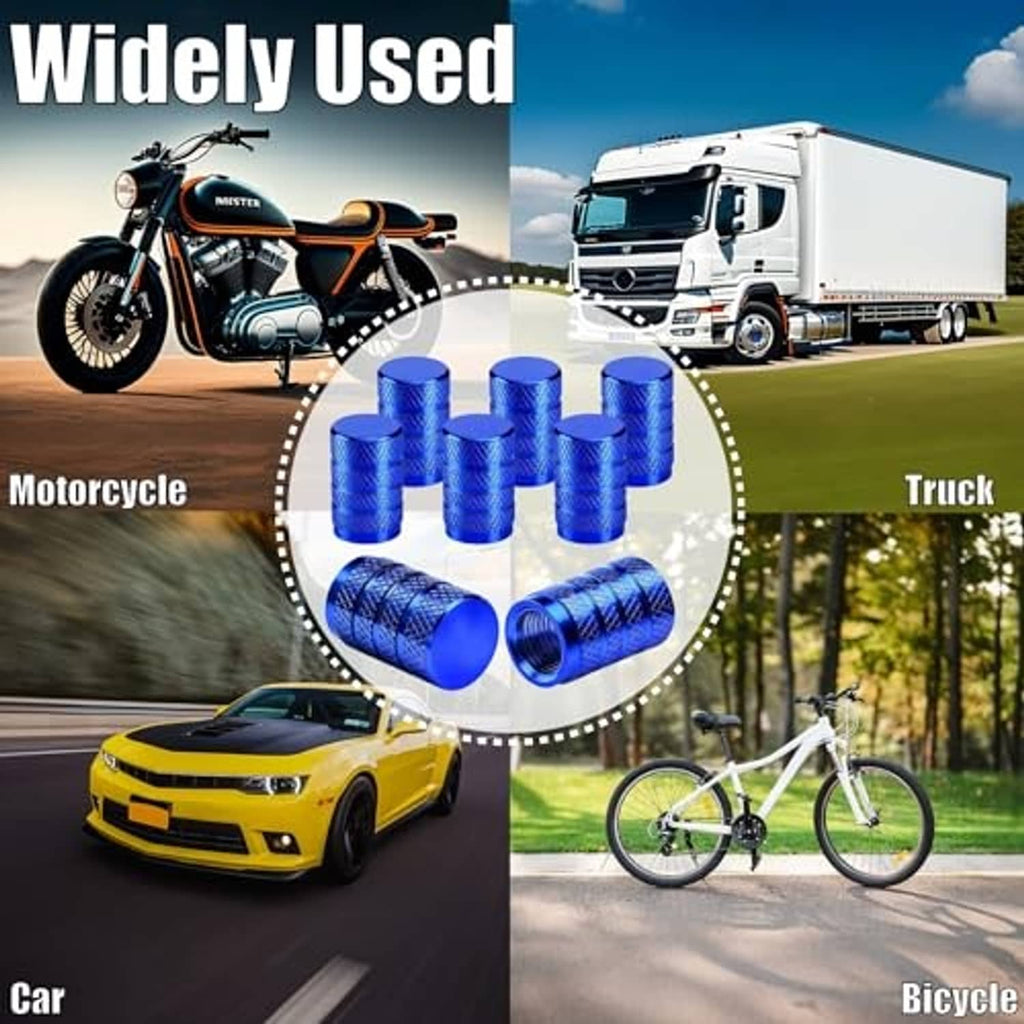 Assorted blue anodized aluminum tire valve stem caps with knurled diamond pattern