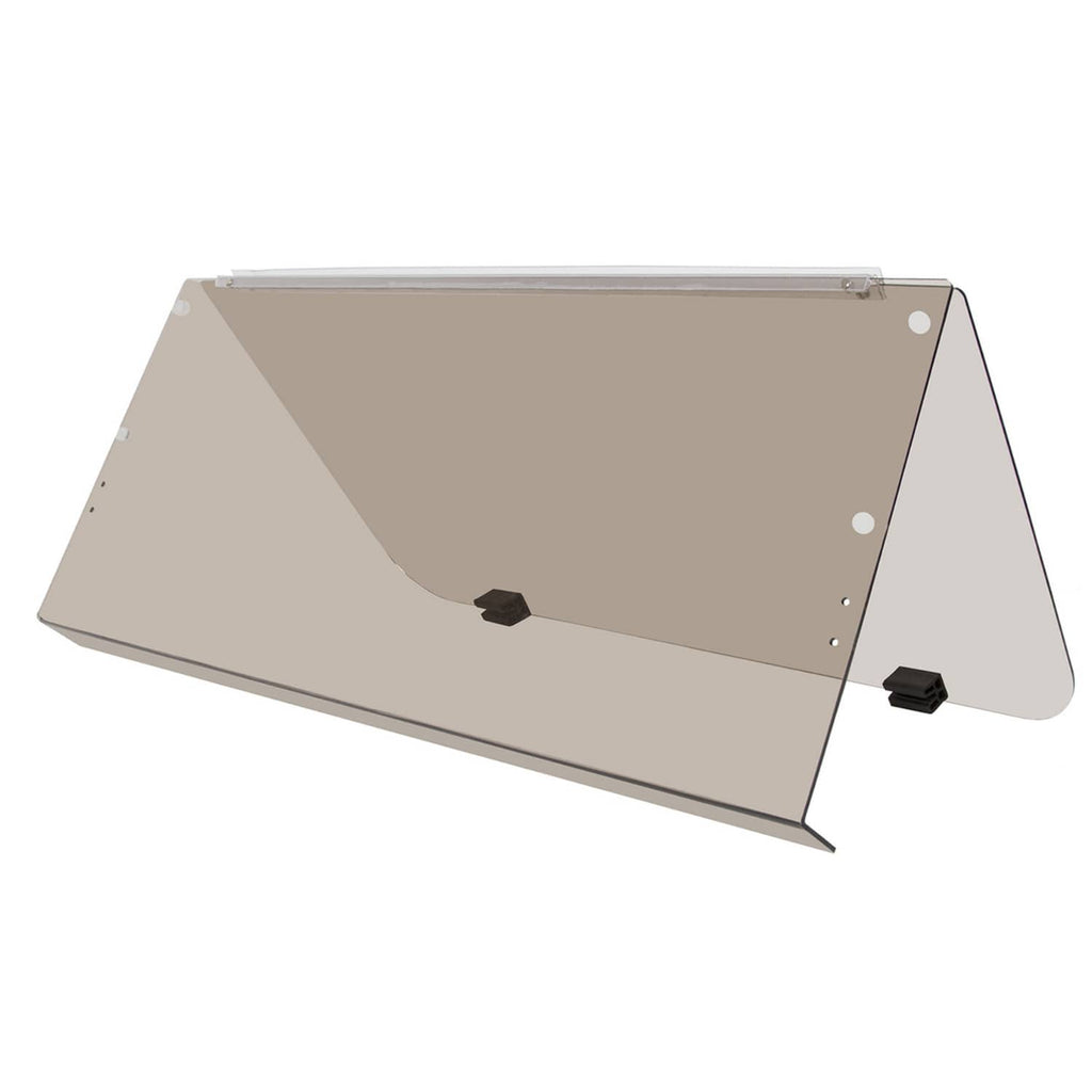 Tinted folding golf cart windshield panel with black corner mounts and hinge hardware