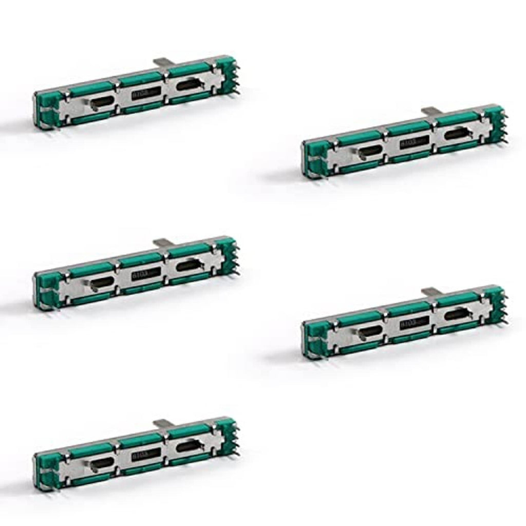 Multiple teal slide potentiometers, metal slots, and through-hole mounting pins (side view)