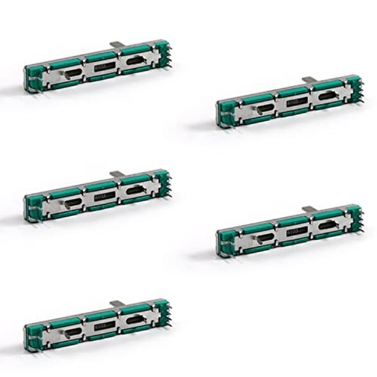 Multiple teal slide potentiometers, metal slots, and through-hole mounting pins (side view)