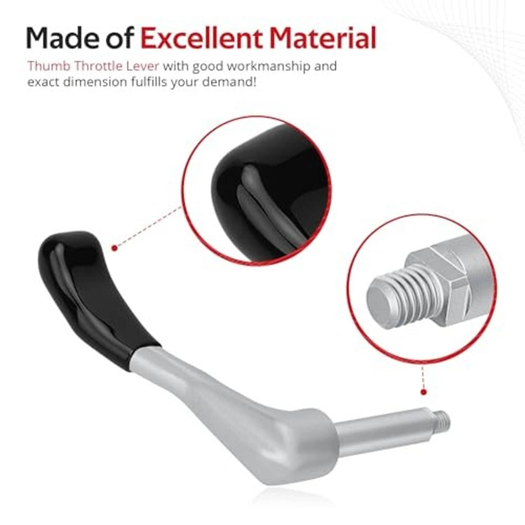 Black thumb throttle lever with silver metal housing and threaded mounting end