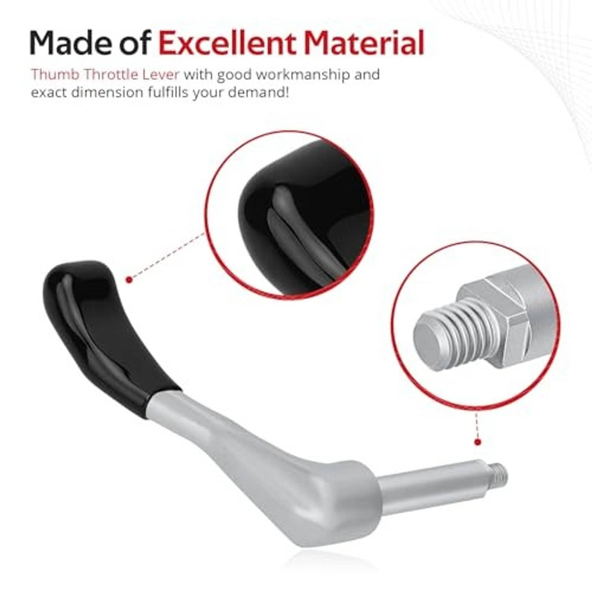 Black thumb throttle lever with silver metal housing and threaded mounting end